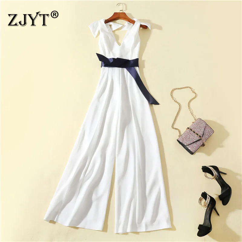 

Elegant Solid White Jumpsuit for Women Summer Designer V Neck Sleeveless Wide Leg Pants Female Party Rompers Womens Jumpsuits