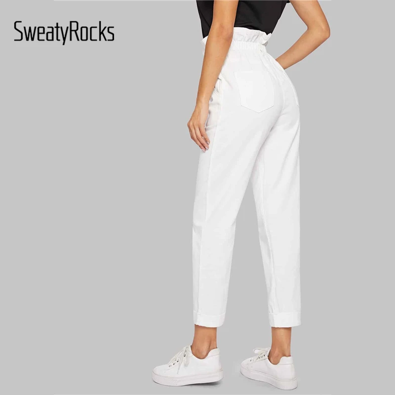 SweatyRocks, белые, с оборками, на талии, одноцветные, укороченные джинсы, осень, Повседневная Уличная одежда, высокая талия, женские, одноцветные, прямые, джинсовые штаны