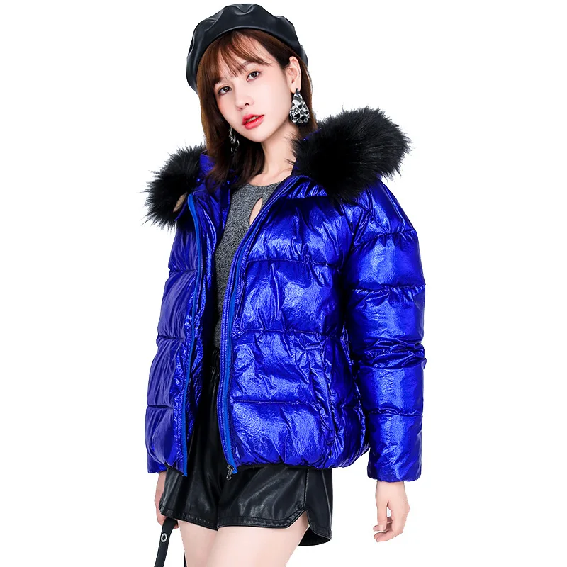 Blue Женское зимнее пальто, теплое, плотное, с капюшоном, с воротником из искусственного меха, пуховик, короткая, стильная, однотонная, металлический цвет, женская мода, парки LS251 - Цвет: Blue