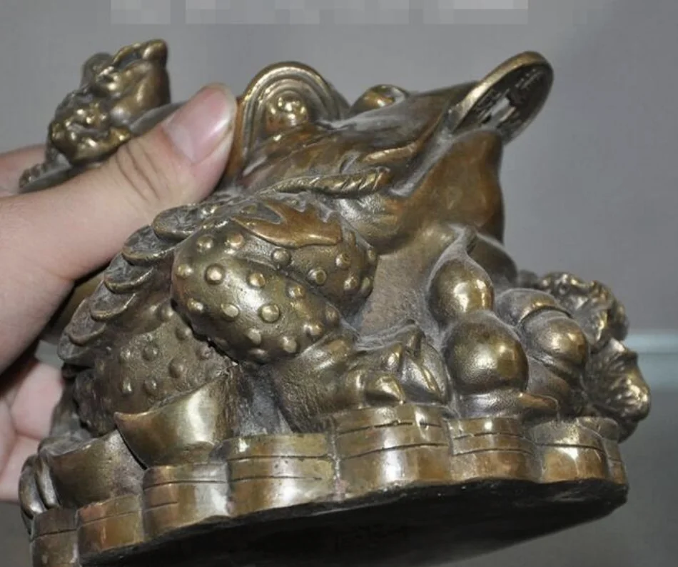 

6"china fengshui bronze wealth money coin ingot gold toad bufo frog gourd statue