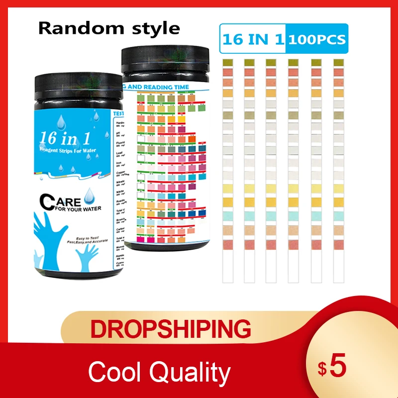 Tira de prueba de calidad del agua potable 16 en 1, papel de prueba de calidad del agua del grifo para piscina, acuario, prueba de nivel de PH, 100 Uds.