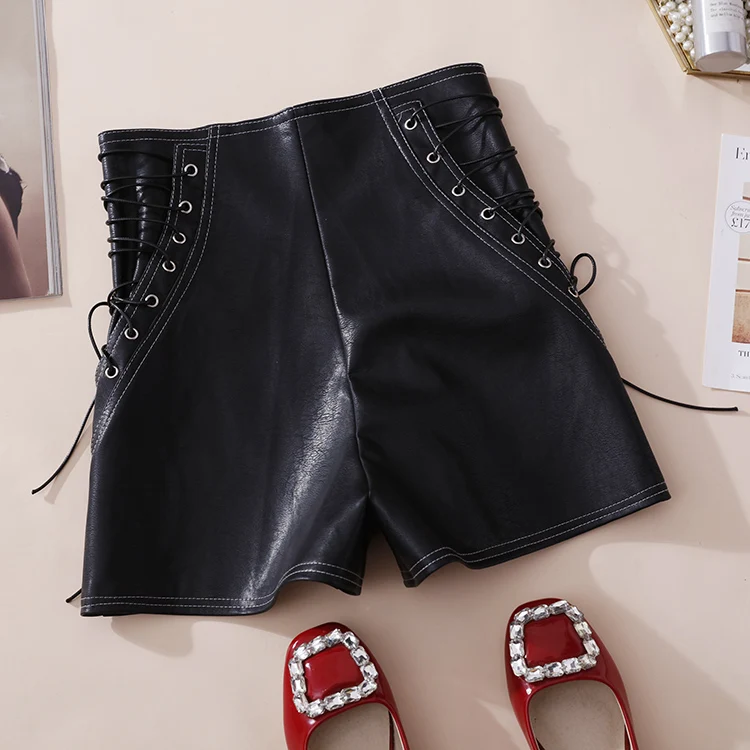 nike pro shorts 2021 Autumn Women Tie High Waist PU Shorts Female Casual Black Leather Shorts Office Lady All Match Zipper Wide Leg Shorts A2116 adidas shorts