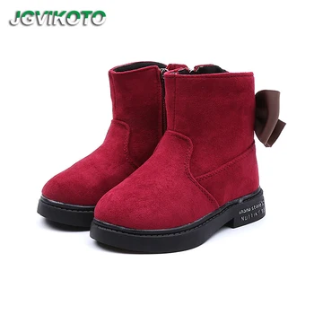 

Winter Children Shoes PU Flock Leather Ankle Rubber Boots Kids Warm Boots Girls Fashion Bow-tie Shoes Thick Cotton
