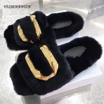 

Autumn Casual Fashion Flat Metal Decor Plush Women's Shoes Winter Peas Chain Decoration Shearling Drag Outer Wear Slippers Mules