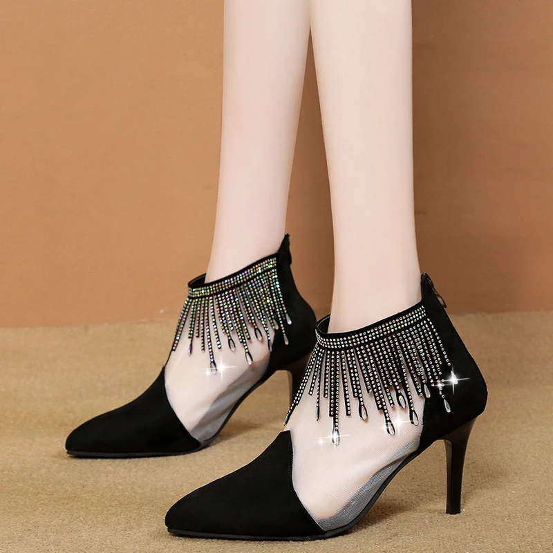 

Tassel Crystal Black High Heel Shoes Women Lace Breathable Heels Sandals Summer Sexy Party Stiletto Shoes Women Sandals 2020
