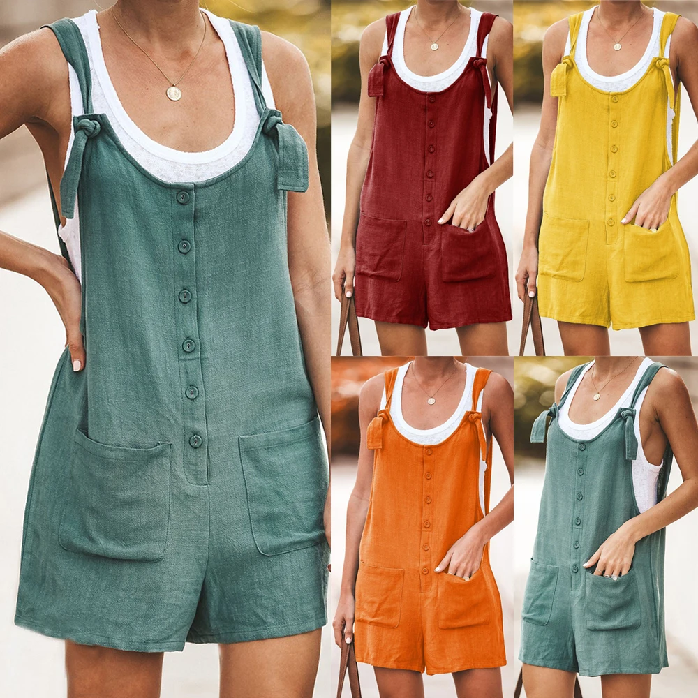 Linen Romper Shorts Casual Jumpsuit Womens Workwear U-Neck New Cotton Loose Pocket Student