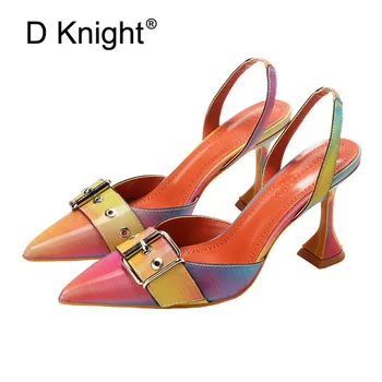 

Women's Sandals 2020 Summer Pointed Toe Belt Buckle High Heels Sandals Shoes Woman Sexy Stitching Color Wine Glass Heel Sandals