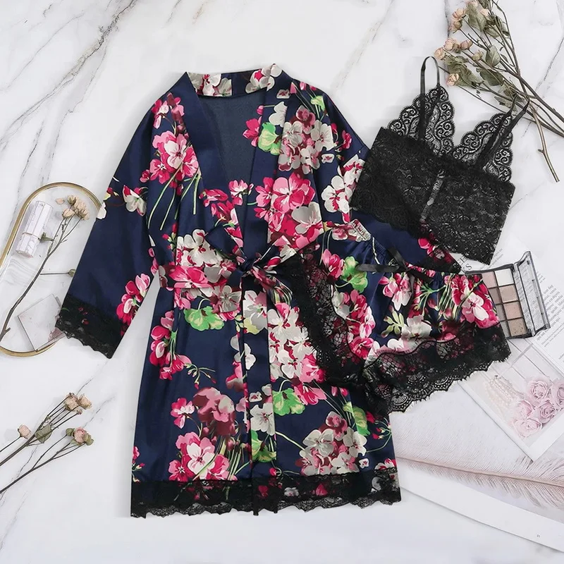 Long sleeve Womens Pajamas Sexy Lace Lingerie Nightwear Underwear Sleepwear 3PC Suit Pajama Sets For Women Pijama Mujer