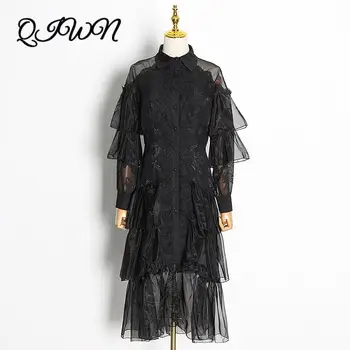 

Luxury Runway Boho White Lace Sexy Party Clothes 2020 Summer Ruffles Trumpet Sleeve High Quality Embroidery Mesh Midi Dresses