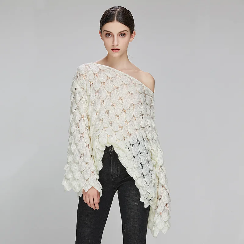 Adishree Elegant Sweater Women 2021 Casual Fashion Loose Women Sweater and Pullover Cute 3D White Jumper Sueter Mujer Slash Neck