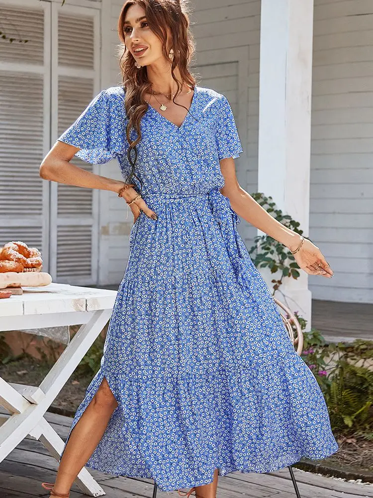 Ladies Vintage Maxi Floral Print Long Summer Dress Women Casual Bohemian  Sundress Women Beach Dress Female Vestidos Robe Femme