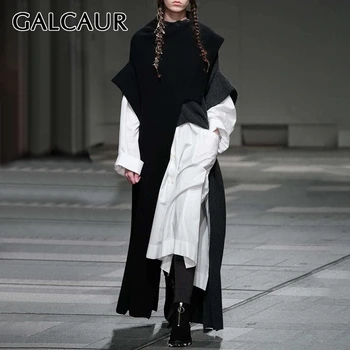 

GALCAUR Hit Color Two Piece Sets Female Irregular Long Sweater Turtleneck Lantern Sleeve Dress Suits Women 2020 Fashion Clothes