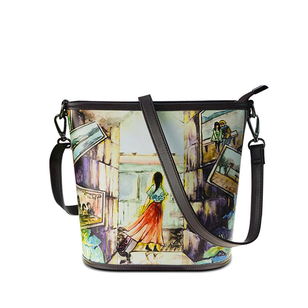 

B02081 Personalized Floral Print Women Shoulder Bag Genuine Leather Crossbody Bucket Bag Lady Girls Colorful Graffiti Small Bags