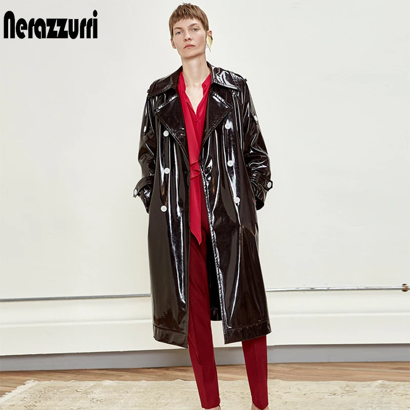 

Nerazzurri Long waterproof black patent leather trench coat for women 2020 double breasted iridescent oversized leather coat 7xl