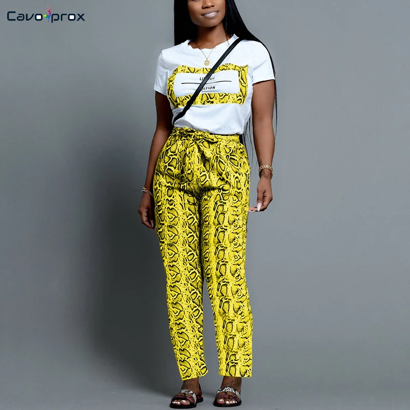 

Women Two Piece Matching Sets O-neck Short Sleeve Printed Top T-shirt & Snake Printed Bodycon Wide Leg Wrap Belt Long Pants