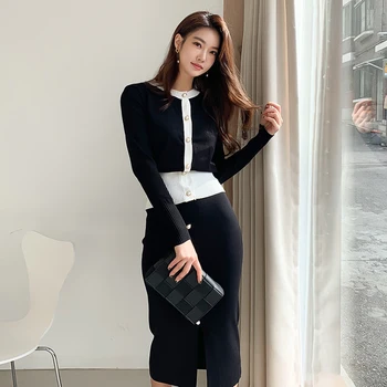 

HAMALIEL Spring Autumn Sweater Two Piece Set Fashion Women Black Knitted Cardigan Coat And Single Breasted Midi Pencil Skirt Set