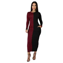 Robe de soirée mi longue pour femmes, Slim, col rond, Patchwork, moulante, longue, de rue, poches latérales extensibles, longueur cheville, collection automne 2021 