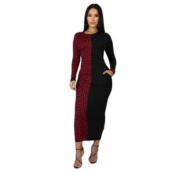 Vestido Midi ajustado de fiesta para mujer, vestido largo ajustado de retazos con cuello redondo, bolsillos laterales elásticos hasta el tobillo, Otoño, 2021