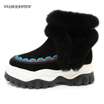 

Winter New Genuine Leather Flat Platform Short Snow Boots Women's Ethnic Style Velvet Thick Chunky-soled Cotton Fur Shoes Women