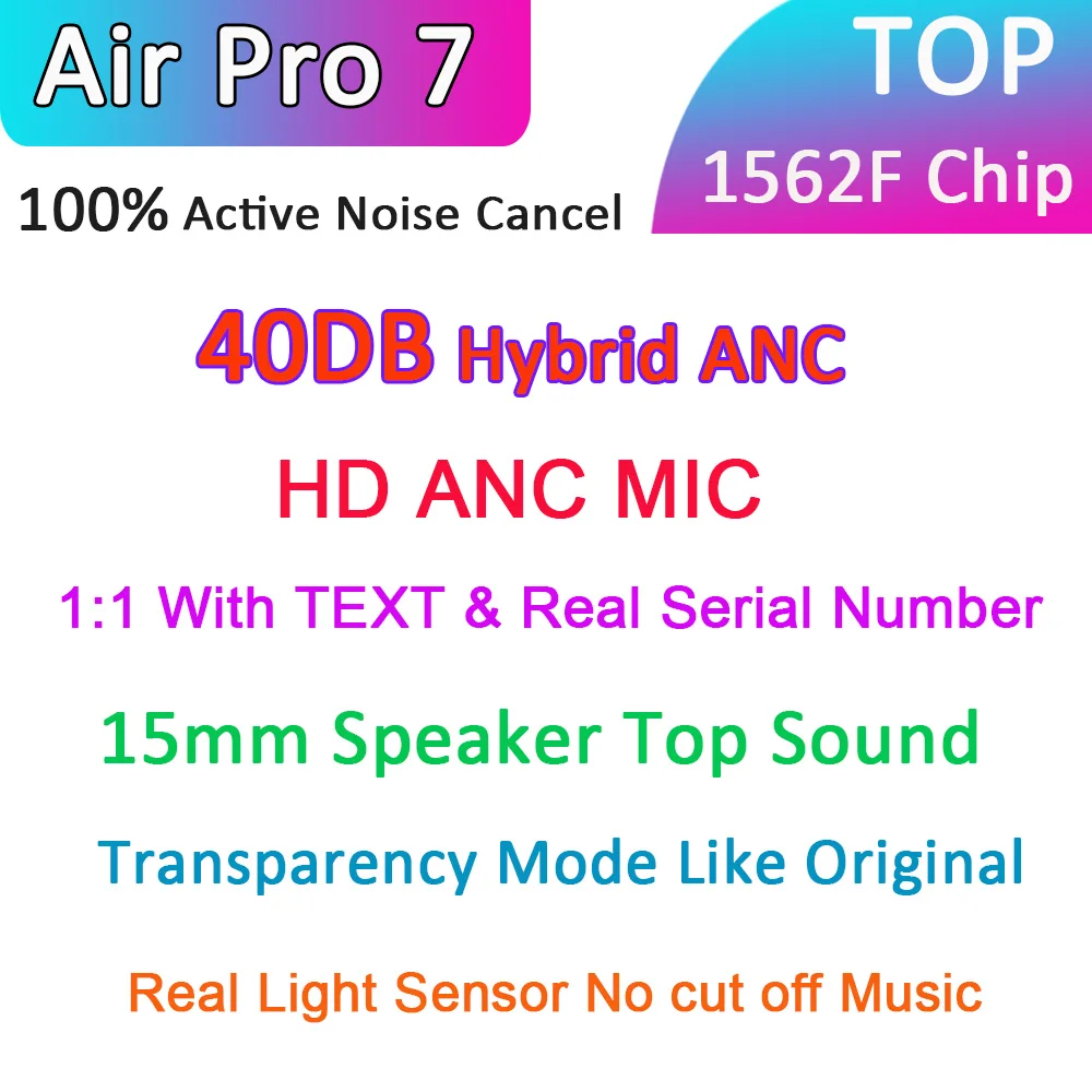 Беспроводные наушники Air Pro 7 TWS 1562F Chip 40DB Hybriy ANC Bluetooth настоящие 100% вкладыши 12D Super Bass