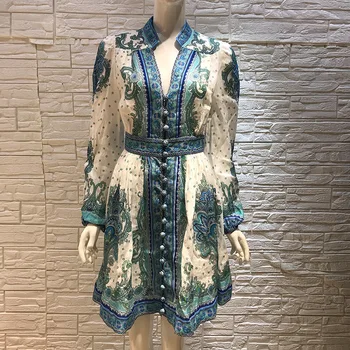 

Spring Summer Autumn Women Dress Linen Mini Lantern Sleeve Buttons Down V-Neck Blue Bohemian Print Boho Beach Party Holiday Robe