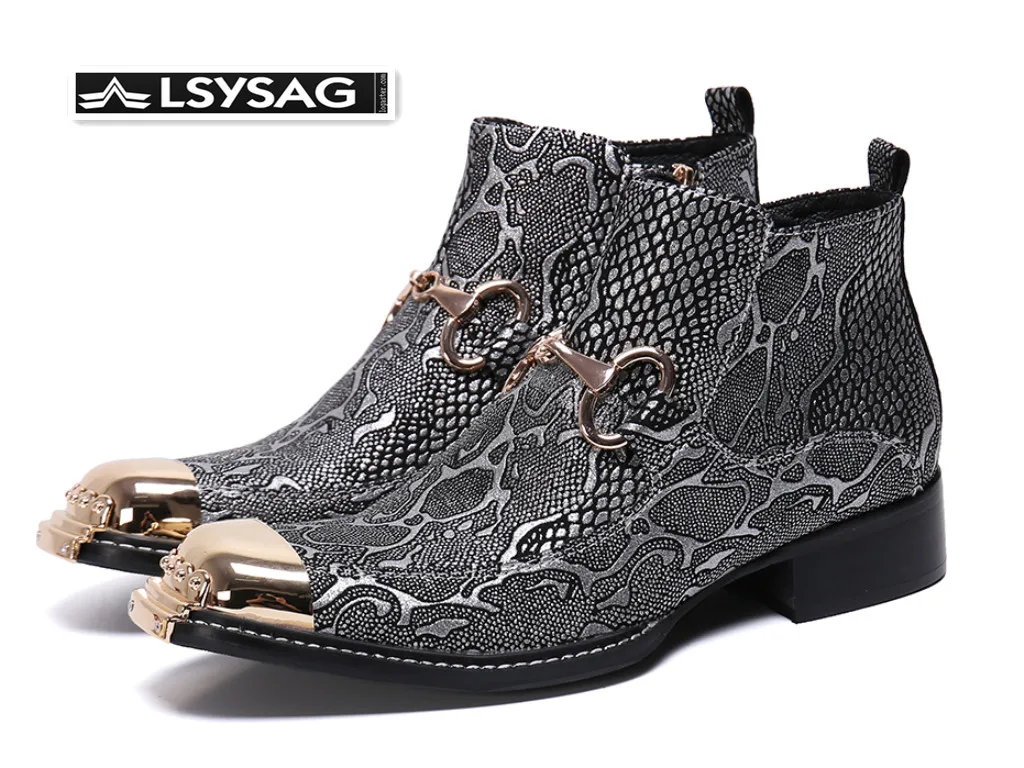 

New Fashion Silver Gold Snakeskin Men Party Boots Genuine Leather Ankle Boots Male Square Toe Cowboy Zip Boots