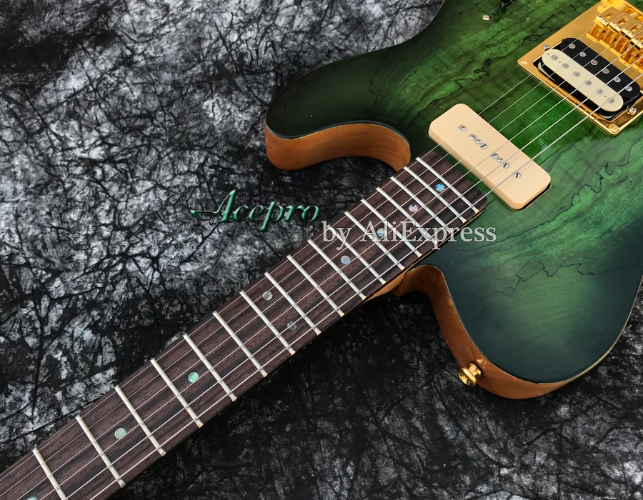 ACEPRO электрогитара с зеленым слоем Spalted Maple top, белый жемчуг тюнеры, Abalone точки инкрустации, Золотое оборудование