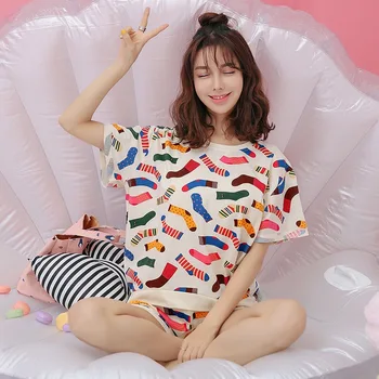 

2019 New Summer 2 Pieces Set Short Sleeve Women Pajamas Cartoon Print Pajama Sets Mujer Cotton Lounge Femme Pijamas Homewear