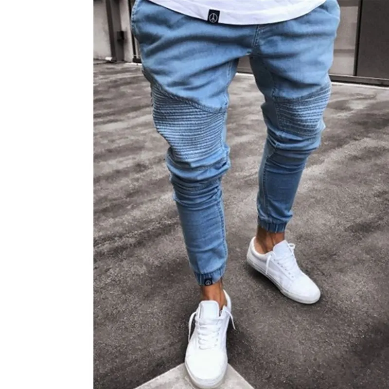 2019 men's solid color spliced grab jeans fashion slim skinny pencil pants | Мужская одежда