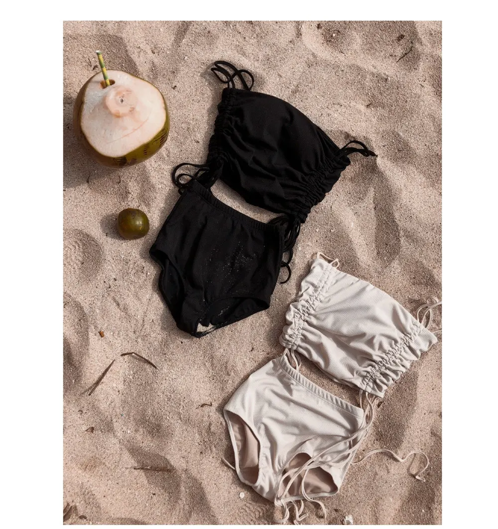 Sexy Bandage Bikini Women Solid Swimwear High Waist Biquini Push Up Swimsuit Crop Top Bikinis Pleated Bathing Suit Pad Beachwear