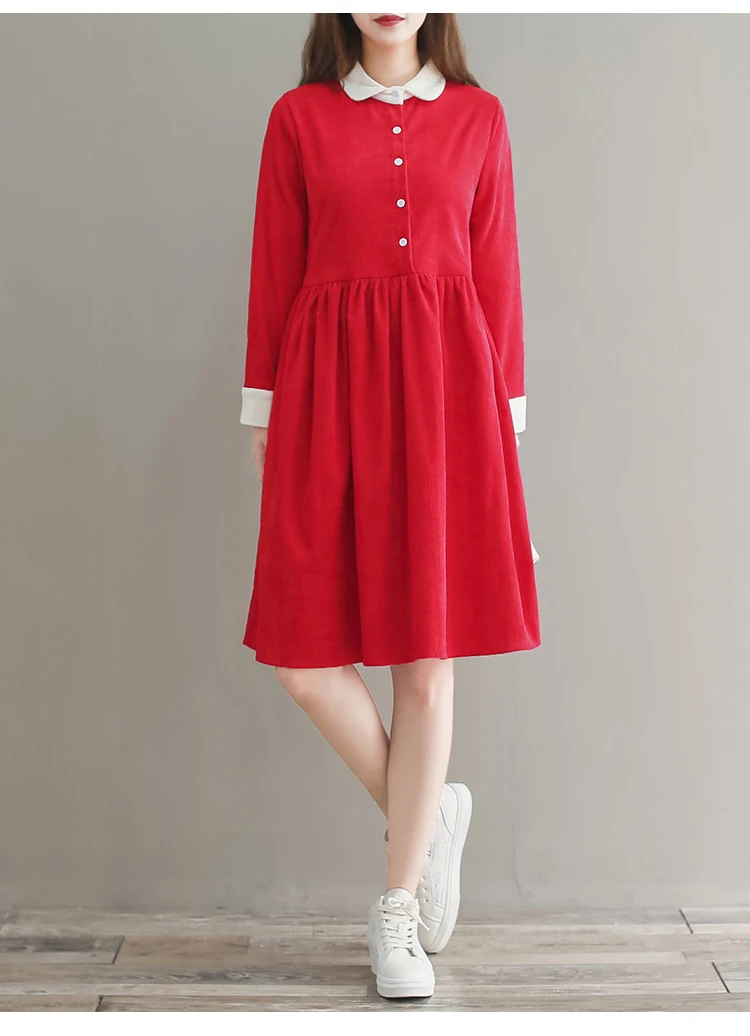 Новинка года,женское милое короткое платье весна-осень,вельветовое свободное платье,японского стиля"Mori Girl",красного цвета,с воротником"Питер Пэн", длинным рукавом и карманами