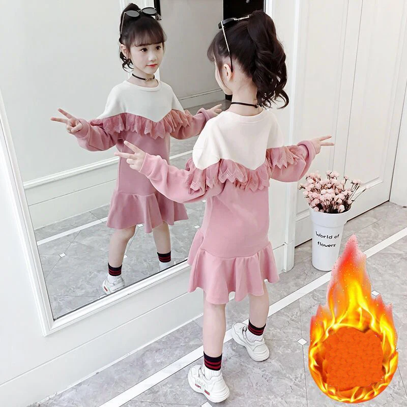 fleece pink Новое Золотое бархатное платье с оборками на весну и осень для девочек возрастом от 3 до 12 лет Детские платья принцессы с вышивкой для девочек детская одежда 9, 10, 12 лет - Цвет: fleece pink