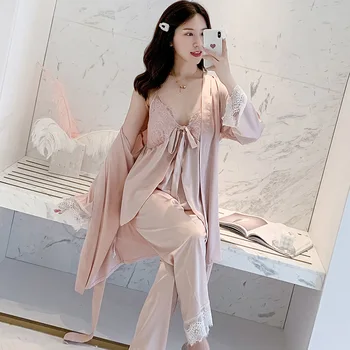 

Casual Strap Top&Pants Lady Nightwear Silky 3PCS Sleep Set Satin Pajamas Sleepwear Sexy Intimate Lingerie 2020 New Home Clothes
