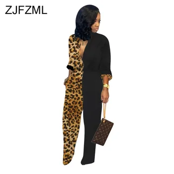 

Leopard Button Up Party Jumpsuits Women Full Sleeve Causal Slim Rompers Autumn Ladies V-Neck Spliced Plus Size Club Bodysuits