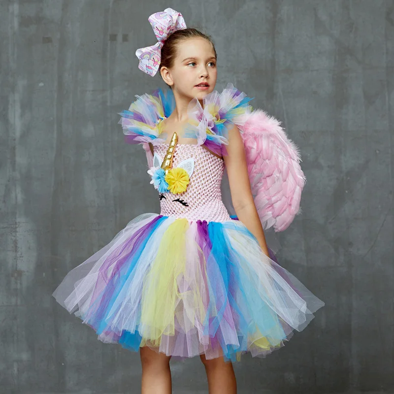 Kids Girls Unicorn Tutu Dress Pastel Rainbow Flower Princess Girl Birthday Party Dress Handmade Pageant Halloween Tutu Costume (2)
