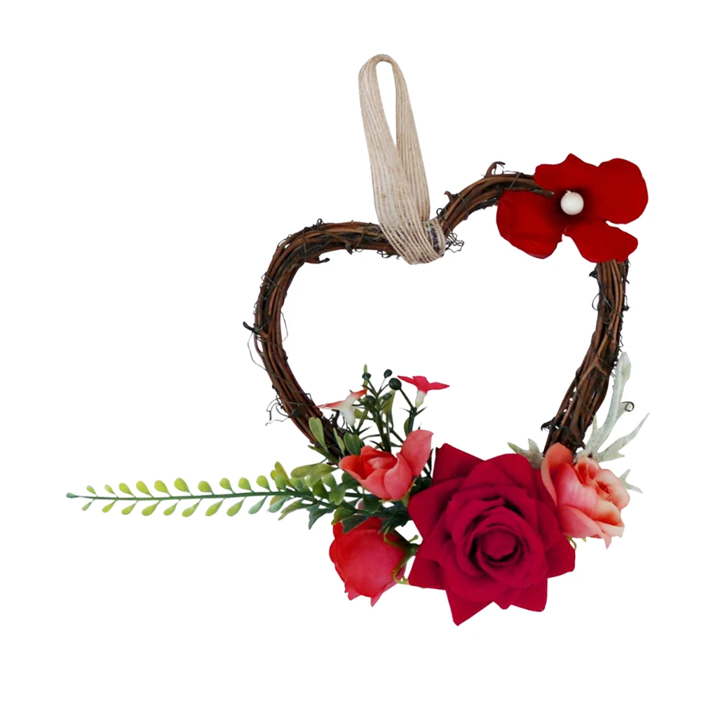 Heart Rattan Simulation Rose Flower Wreath Farm House Indoor Outdoor Decoration