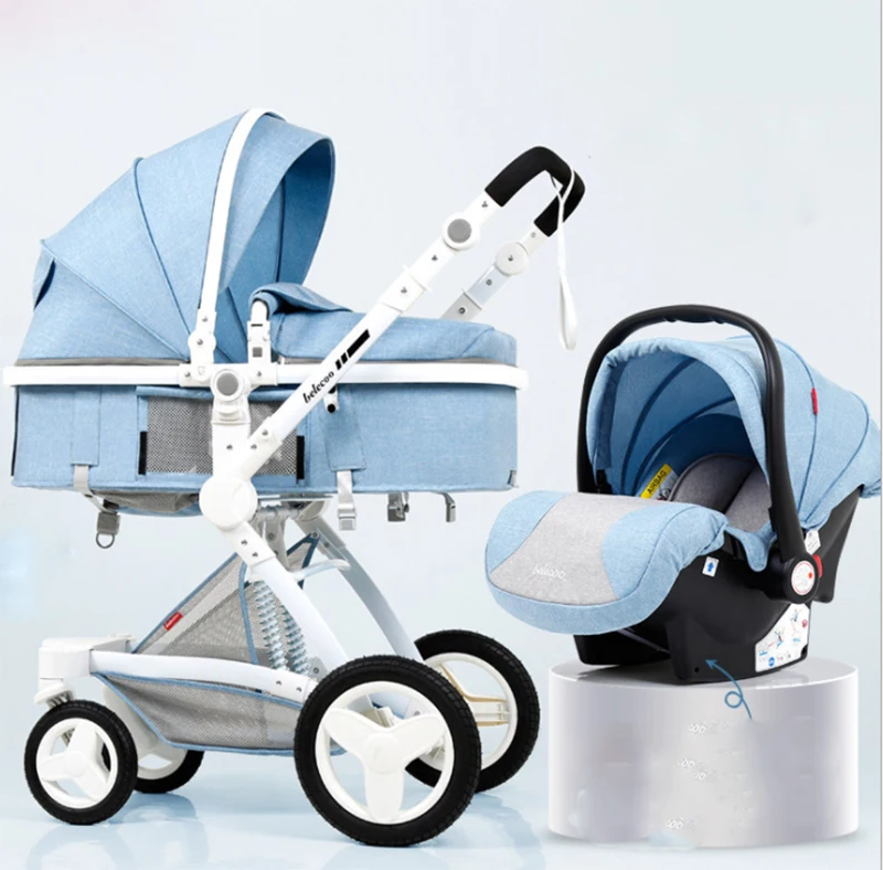  New product PU foldable baby stroller 3 in 1 can sit lie folded two-way shock Four wheels Multifunc