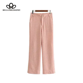 

Luck A 2020 new stylish plaid wide leg pant checkered pockets zipper fly design ladies casual chic trouser pantalones mujer