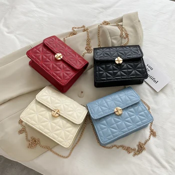 

Fashion Solid Color PU Leather Women Messenger Bag Plaid Ladies Crossbody Bag Vintage Chain Shoulder Crossbody Bag