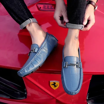 

Buty Meskie Loafers Cow Leather Casual Slip on Leisure Genuine Leather Tenis Masculino Full Grain Leather Male Driver Black Blue