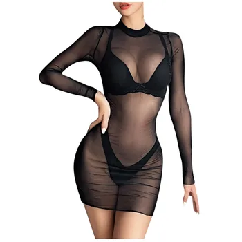 

Women's Sheer Mesh See-Through Long Sleeve Crop Tops Fashion Casual Sexy Lace Solid Color Underwear