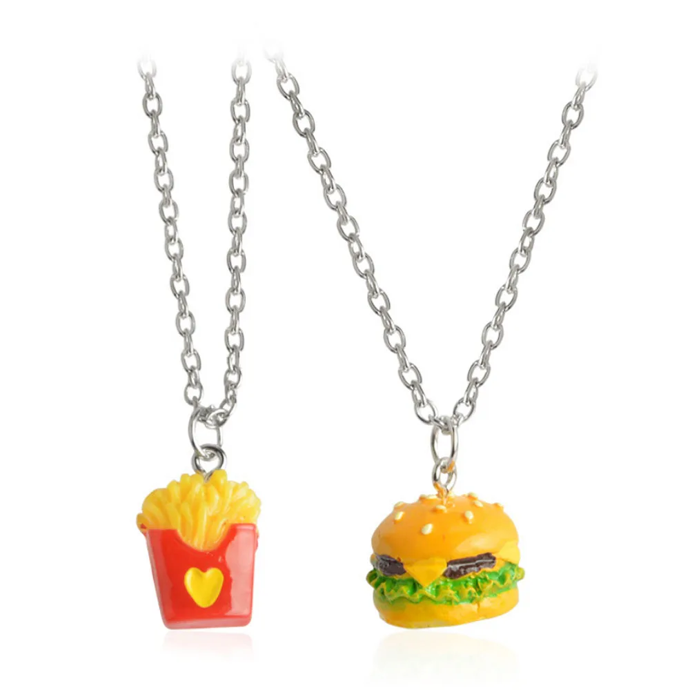 

2pcs/set Mini Fast Food Pendant Necklace Long Miniature Cheese burger French Fries Burger Heart Chain Friendship Jewelry
