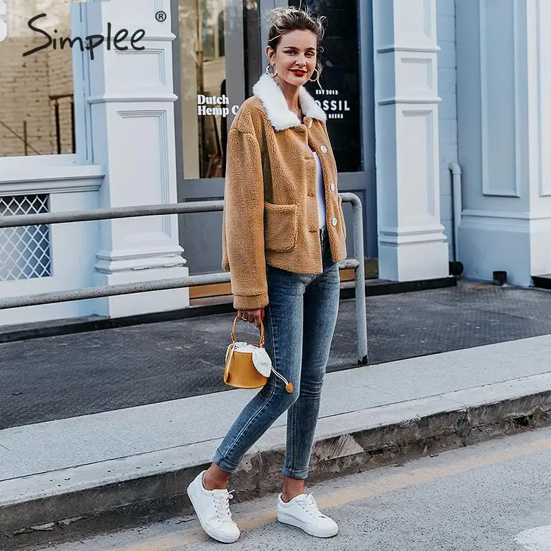 Simplee Повседневная куртка из искусственного меха, женское теплое пальто, нежно-розового цвета, пиджак уличная одежда осень-зима женские