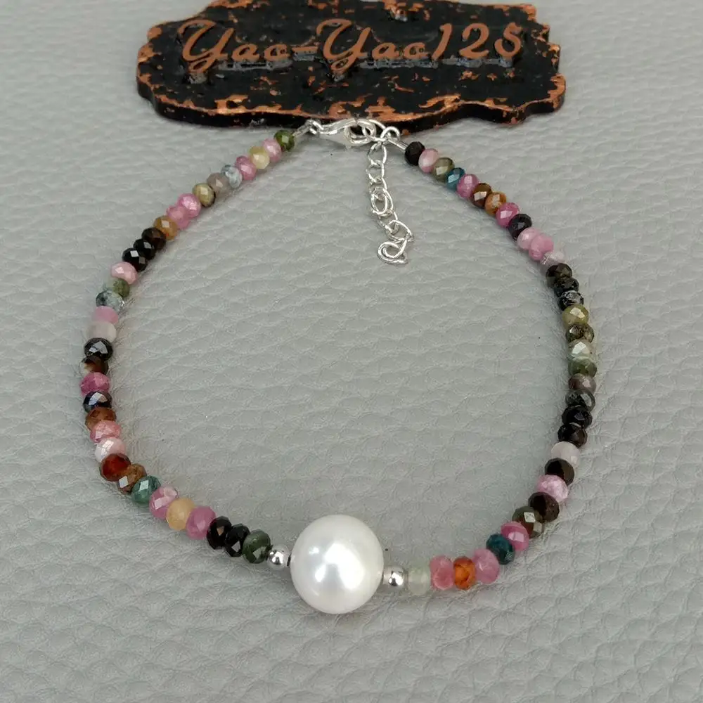 Natural Rainbow Faceted Rondelle Tourmaline White Pearl Bracelet Silver Clasp Natural Rainbow Faceted Rondelle Tourmaline White Pearl Bracelet Silver Clasp