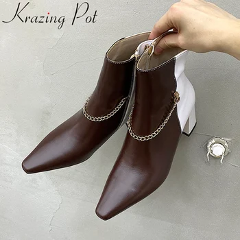 

Krazing pot 2020 high quality cow leather square toe brand mixed color chain superstar winter shoes zipper dress ankle boots L16