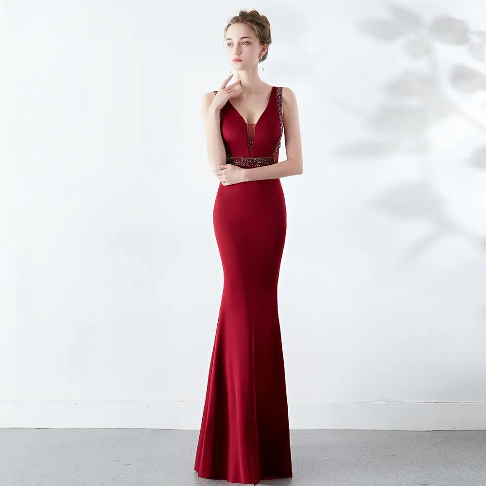 

Elegant Evening Dress Women Sexy Deep V Neck Backless Long Robe De Soiree Female Sleeveless Ladies Mermaid Party Dress Gowns