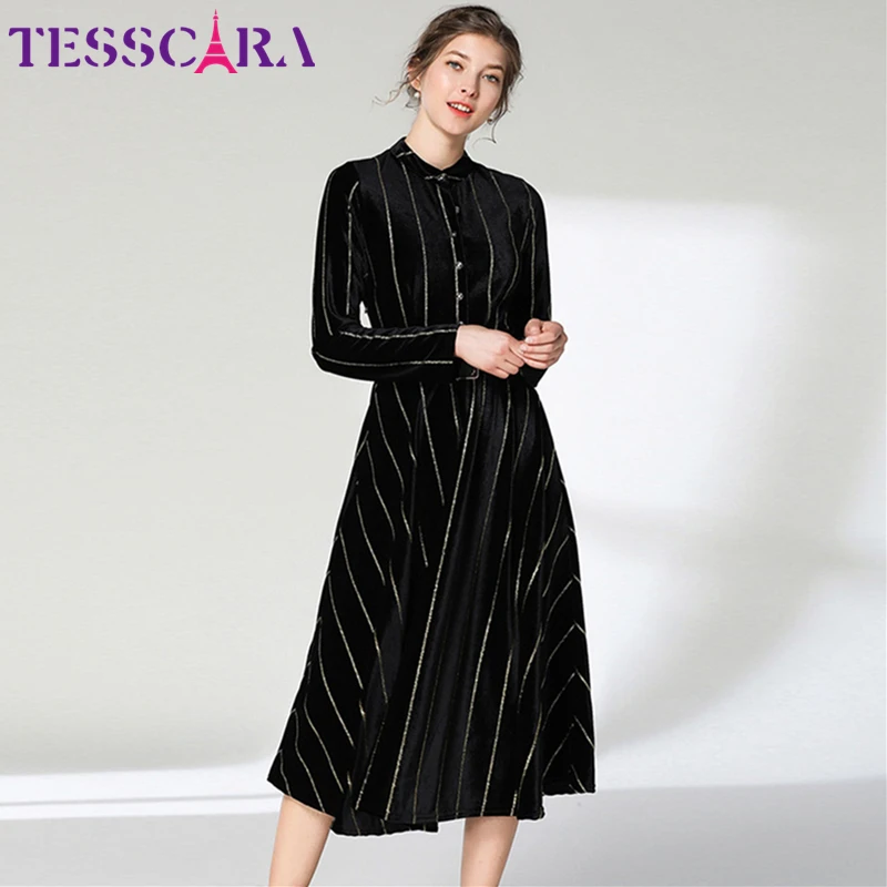 TESSCARA, Женское зимнее элегантное бархатное платье, рубашка Festa, Женский винтажный дизайн, Vestidos, высокое качество, офисное ретро платье