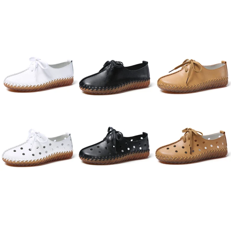 EOFK النساء الشقق أحذية من الجلد الحقيقي امرأة الأخفاف مريحة الدانتيل متابعة اليدوية الأبيض الصيف أحذية الباليه السيدات