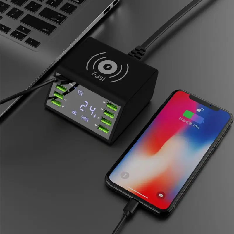 Digital Display 8-USB Ports Mobile Phone Smart Charger QC3.0 Wireless Fast Charging UA/EU/UK Plug Smart Phone Charger Universal