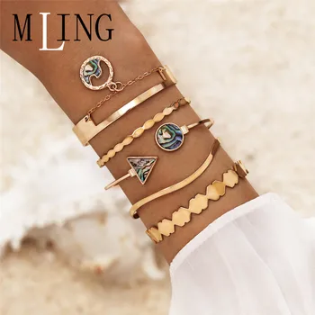 

MLING 5 Pcs/Set Vintage Gold Alloy Geometric Open Bracelet Set Fashion Triangle Round Wave Bracelet for Women